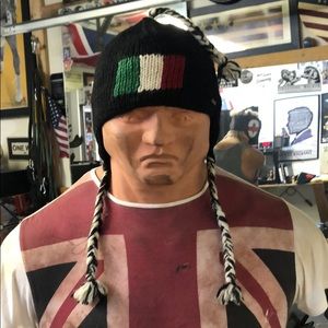Black Knit Beanie with Italian Flag Design With Tassles.